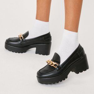 Faux Leather Gold Chain Heel Chunky Loafer